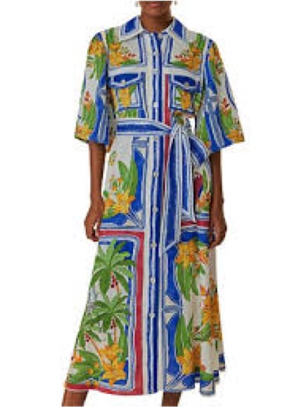 Tropical Print Maxi Shirt Dress In Blue And Green